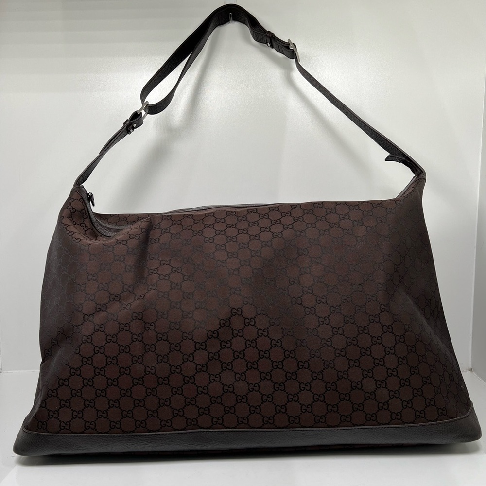Gucci Monogram GG Nylon Boston Duffle Travel Bag Leather Brown 2Way105669